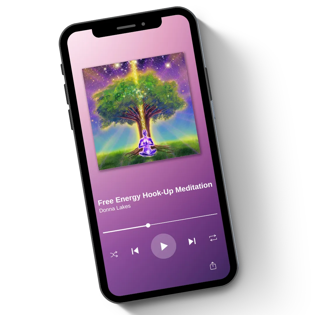 A phone playing the Free Energy Hook-Up Meditation by Donna Lakes